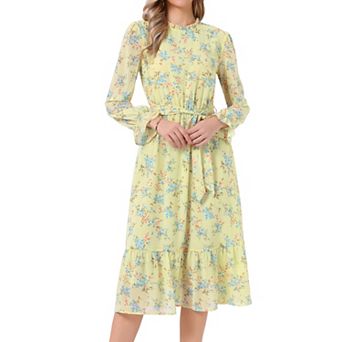 Floral Mock Neck Dress for Women's Long Sleeve Elastic Waist Flowy Chiffon Midi Dresses