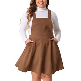Plus Size Pinafore Overall Dress for Women Adjustable Strap Vintage Faux Suede Dresses with Pockets