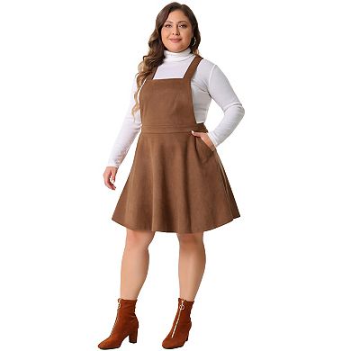 Plus Size Pinafore Overall Dress for Women Adjustable Strap Vintage Faux Suede Dresses with Pockets