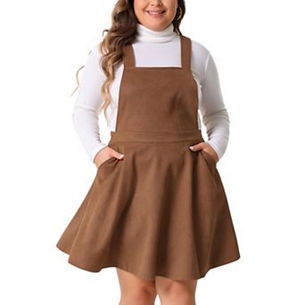 Plus Size Pinafore Overall Dress for Women Adjustable Strap Vintage Faux Suede Dresses with Pockets
