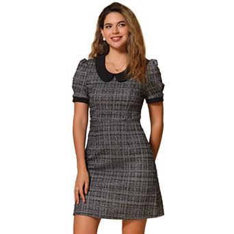 Tweed Dress for Women's Peter Pan Collar Puffy Short Sleeve A-line Mini Dress