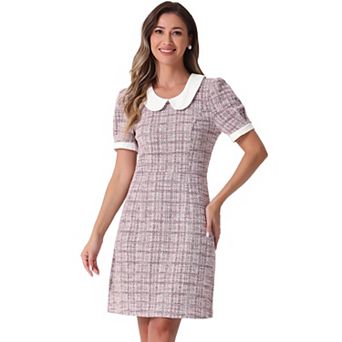 Tweed Dress for Women's Peter Pan Collar Puffy Short Sleeve A-line Mini Dress