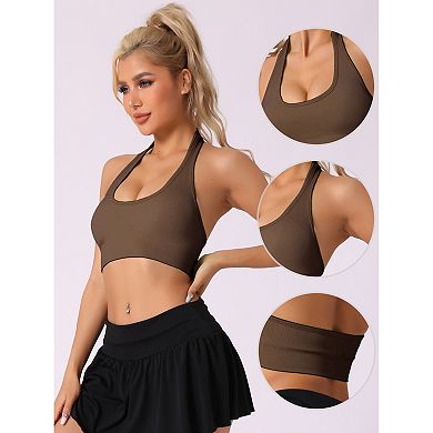 Women's Halter Backless Ribbed Workout Bras Solid Fitness Underwear