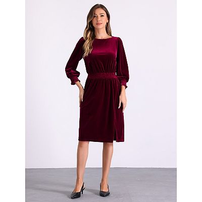 Midi Velvet Dress for Women's Boat Neck Puffy Sleeve Smocked Dress