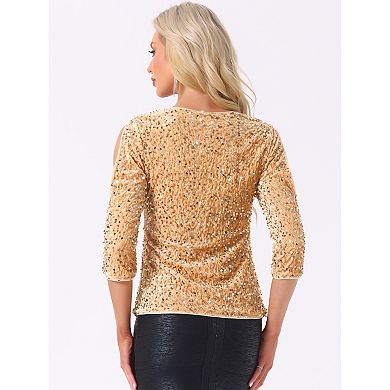 Sparkle Sequin Velvet Tops for Women's Cut Out Half Sleeve Party Club Blouse