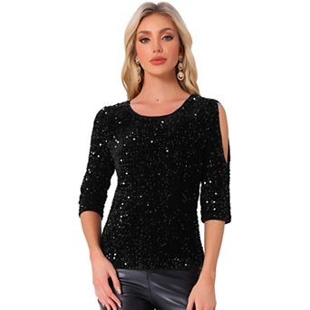 Sparkle Sequin Velvet Tops for Women's Cut Out Half Sleeve Party Club Blouse