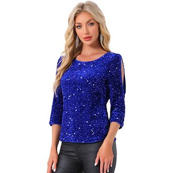 Sparkle Sequin Velvet Tops for Women's Cut Out Half Sleeve Party Club Blouse