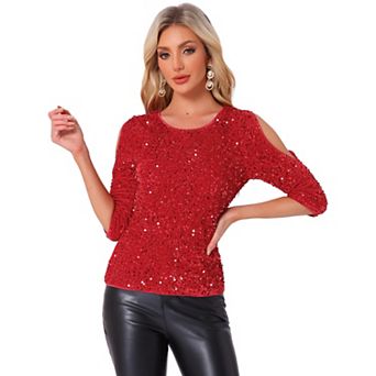 Sparkle Sequin Velvet Tops for Women's Cut Out Half Sleeve Party Club Blouse