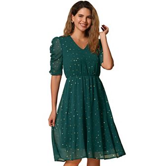 Chiffon Dress for Women's Metallic Stars Ruched Sleeve V Neck A-line Dress