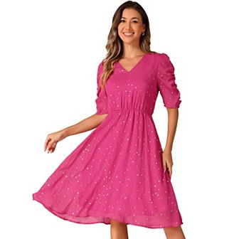 Chiffon Dress for Women's Metallic Stars Ruched Sleeve V Neck A-line Dress