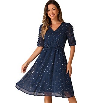 Chiffon Dress for Women's Metallic Stars Ruched Sleeve V Neck A-line Dress