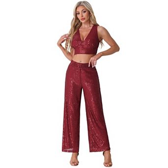 Sequin Sets for Women's Sparkle Tank Top Wide Legs Pants Cocktail Two Piece Outfit