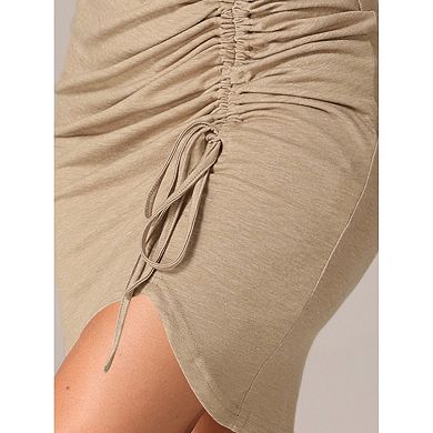 Women's Ruched Drawstring Elastic Waist Crew Neck Long Sleeve Casual Mini Dress