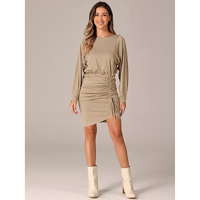 Women's Ruched Drawstring Elastic Waist Crew Neck Long Sleeve Casual Mini Dress