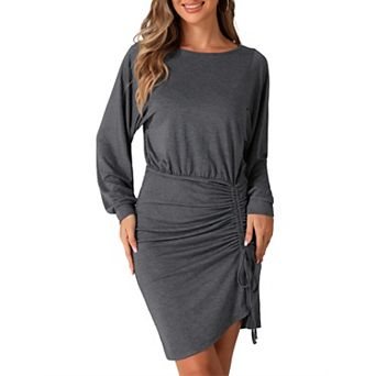 Women's Ruched Drawstring Elastic Waist Crew Neck Long Sleeve Casual Mini Dress