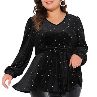 Plus Size Velvet Tops for Women V Neck Long Sleeve Shiny Gilding Metallic Stars Tops