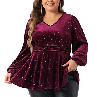 Plus Size Velvet Tops for Women V Neck Long Sleeve Shiny Gilding Metallic Stars Tops