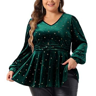 Plus Size Velvet Tops for Women V Neck Long Sleeve Shiny Gilding Metallic Stars Tops
