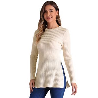 Fall Casual Long Sleeve T Shirt for Women's Split Hem Crewneck Textured Tunic Top