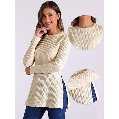 Fall Casual Long Sleeve T Shirt for Women's Split Hem Crewneck Textured Tunic Top