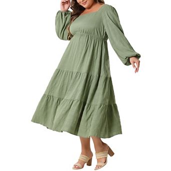 Plus Size Casual Midi Dress for Women Square Neck Long Sleeve Flowy a Line Tiered Dress