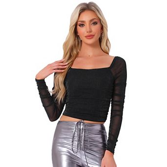 Ruched Tops for Women's Square Neck Long Sleeve Mesh Glitter Blouse