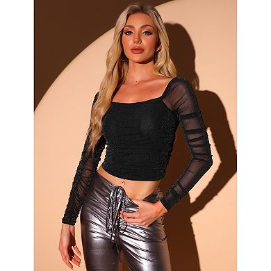 Ruched Tops for Women's Square Neck Long Sleeve Mesh Glitter Blouse