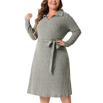 Plus Size Dress for Women Ribbed Sweater Half Zip Front Long Sleeve Tie Waist Knit with Belt