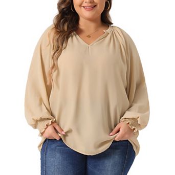 Plus Size Blouses for Women Puffy Long Sleeve V-Neck Ruffle Cuffs Casual Dressy Blouse