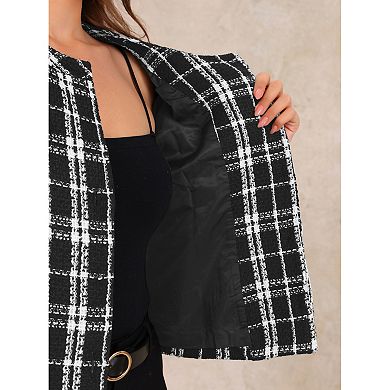 Plaid Tweed Blazer for Women's Crew Neck Work Office Cropped Blazer Jacket