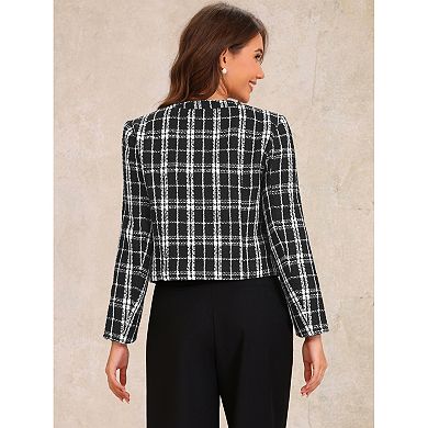 Plaid Tweed Blazer for Women's Crew Neck Work Office Cropped Blazer Jacket
