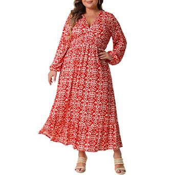 Plus Size Women's Boho Dresses Floral Print Deep V Neck Waist Wrap Long Sleeve Loose Maxi Dress