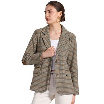 Women's Plaid Notched Lapel Button Front Work Formal Blazer Jacket