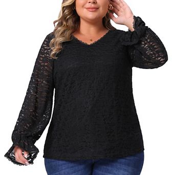Plus Size Top for Women Lace V Neck Long Sleeve Through Floral Dressy Casual Blouses Tunic Tops