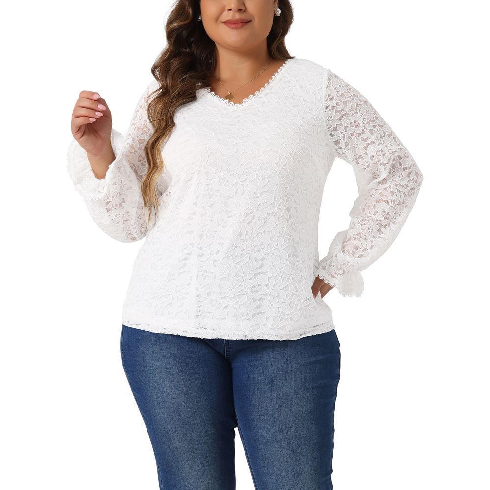 Plus Size Top for Women Lace V Neck Long Sleeve Through Floral Dressy ...