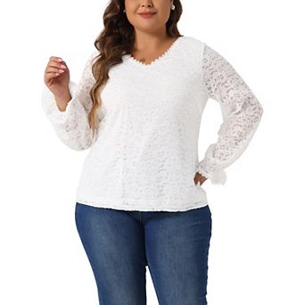 Plus Size Top for Women Lace V Neck Long Sleeve Through Floral Dressy Casual Blouses Tunic Tops