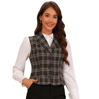 Plaid Vest for Women's Shawl Collar Button Down V Neck Sleeveless Vintage Waistcoat