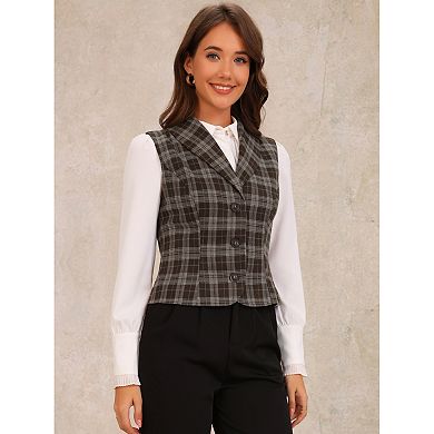 Plaid Vest for Women's Shawl Collar Button Down V Neck Sleeveless Vintage Waistcoat