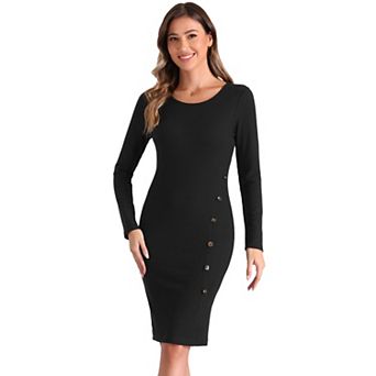 Ribbed Knit Sheath Dress for Women's Round Neck Long Sleeve Button Decor Casual Sweater Dresses