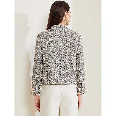 Women's Tweed Blazer Stand Collar Long Sleeve Cropped Blazer Jacket