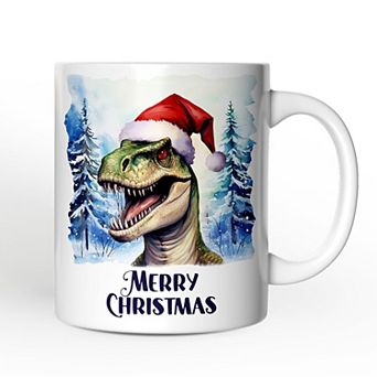 Dinosaur with Santa Hat Mug, Winter Forest Christmas Gift