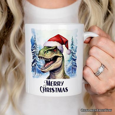 Dinosaur with Santa Hat Mug, Winter Forest Christmas Gift