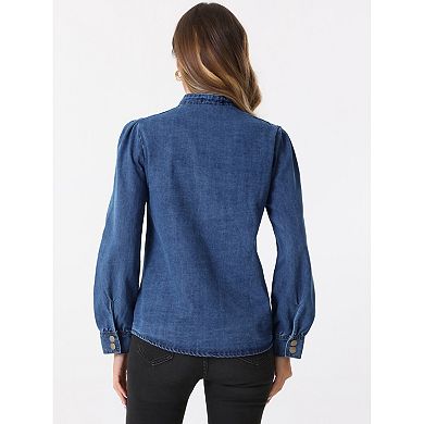 Women's Denim Jackets Mock Neck Puffy Long Sleeve Button Down Jean Shirt