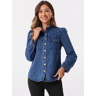 Women's Denim Jackets Mock Neck Puffy Long Sleeve Button Down Jean Shirt