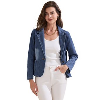 Women's Denim Jackets Casaul Office Washed Jean Notched Lapel Blazer