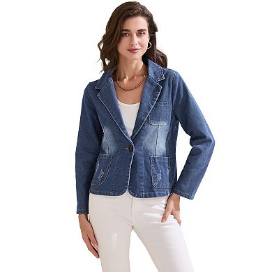 Women's Denim Jackets Casaul Office Washed Jean Notched Lapel Blazer