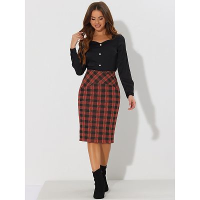 Pencil Skirt Brown Plaid Skirt Knee Length Women's Elastic High