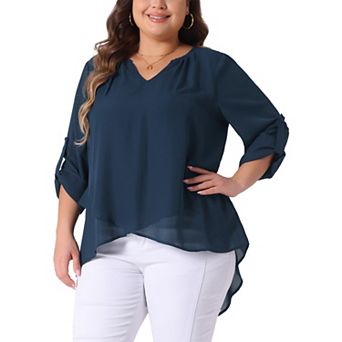 Plus Size Blouses for Women Long Sleeve V Neck Irregular Hem Layer Casual Tunics Tops Tee Shirts
