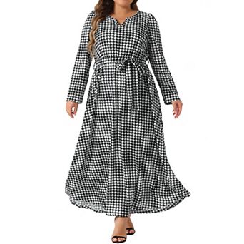 Women's Plus Size Notched V Neck Long Sleeve Gingham Checked Dress Maxi Tie Waist Dresses