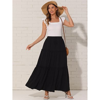 Boho Maxi Skirt for Women's Elastic High Waist Tiered A-Line Long Skirts
